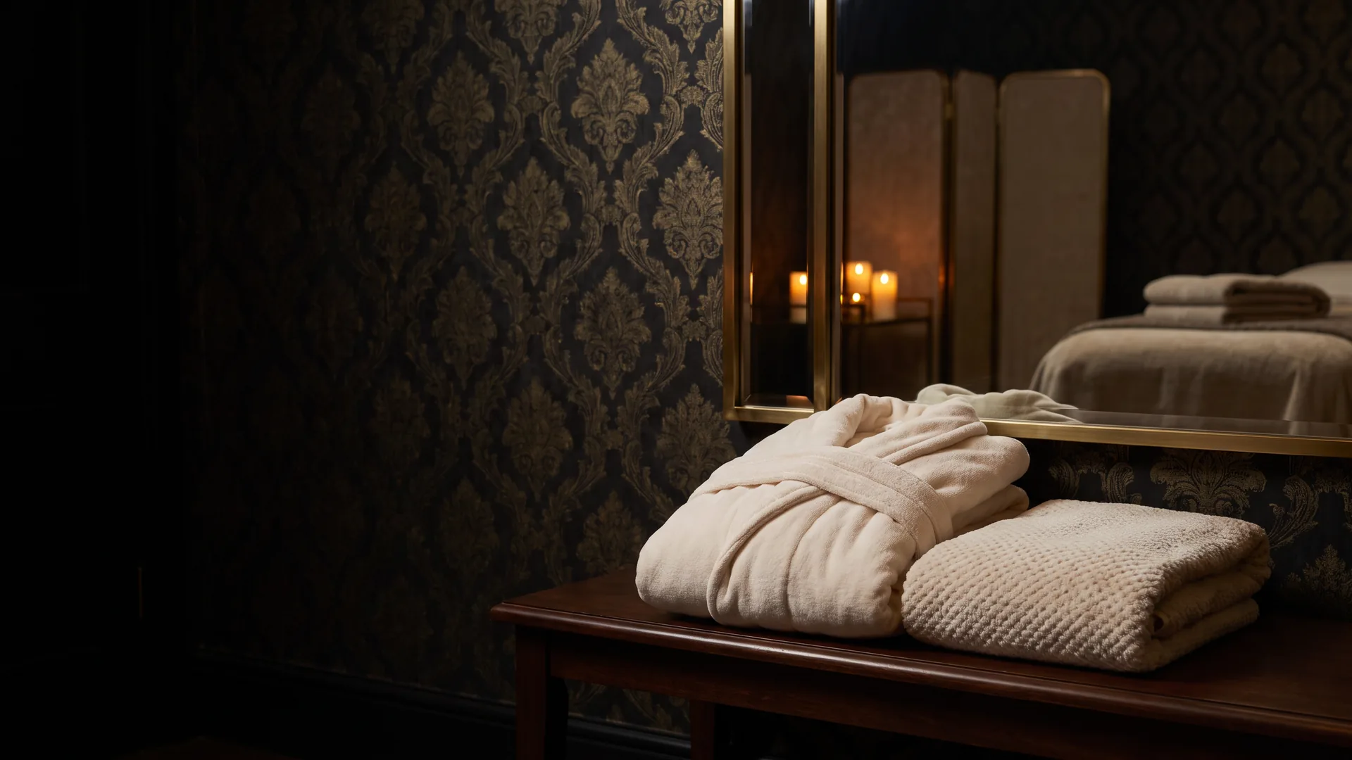 Ivory robe and towels prepared in a discreet private massage room in London