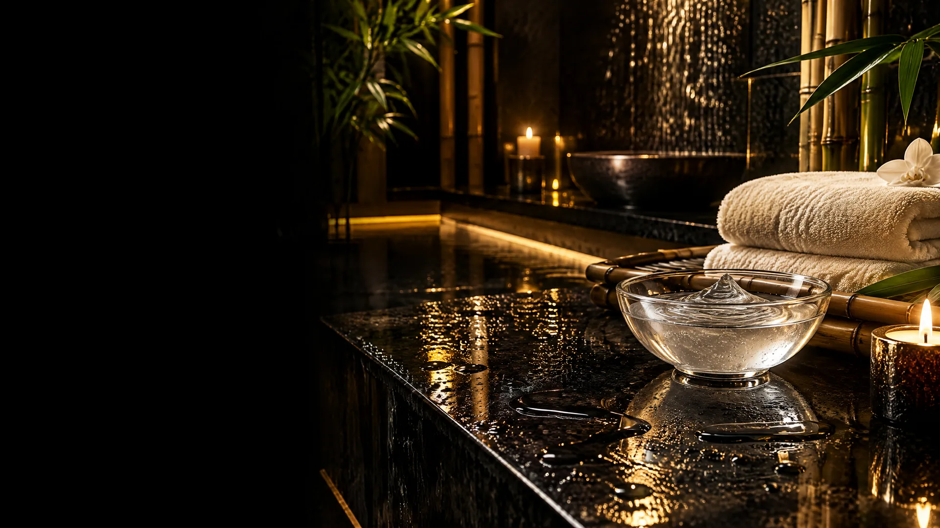 Clear Nuru gel, water and folded towels in a private London wet-room